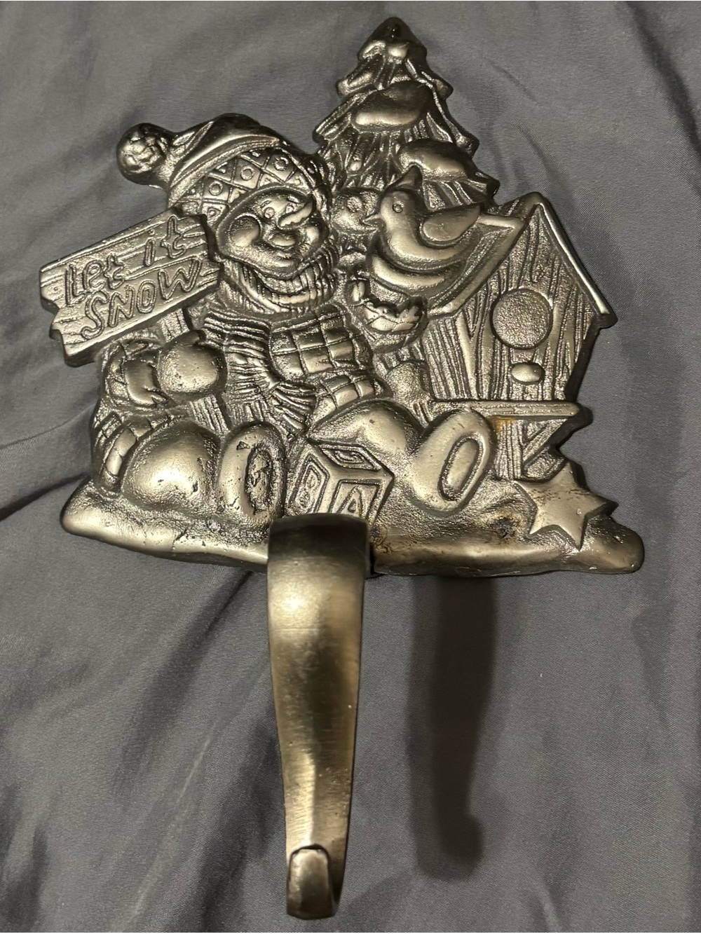 Vintage Cast Metal Let It Snow Snowman Christmas Stocking Holder Birdhouse Hook